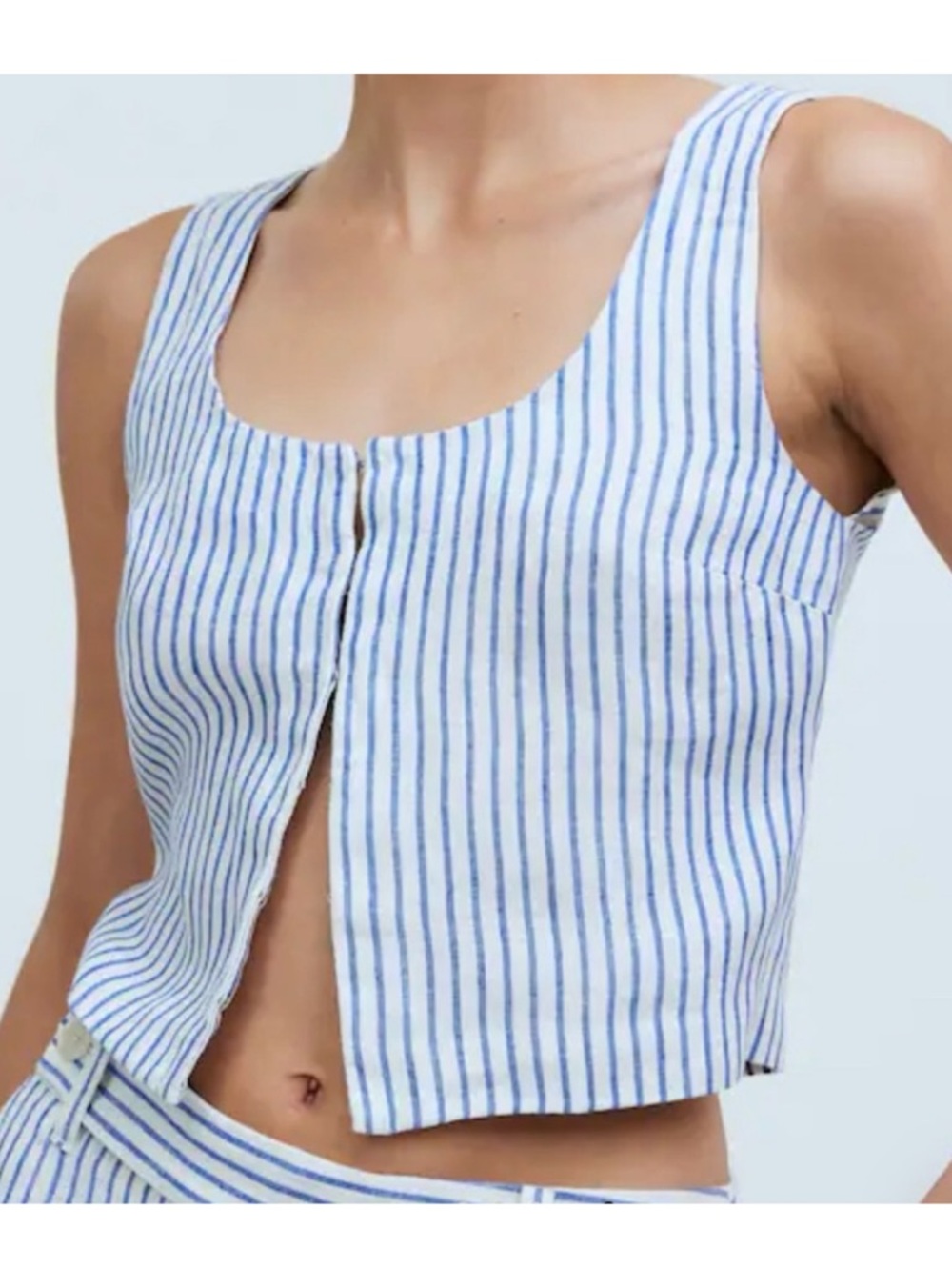 Madewell White and Blue Vertical Stripe Linen Button Tank